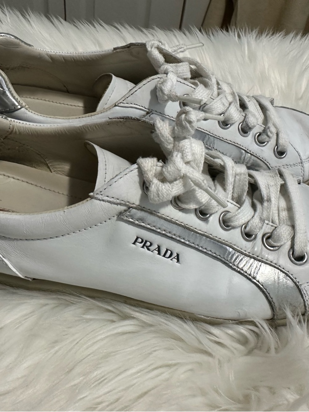 Prada White Leather Sneakers with Silver Accents sz 10 men’s